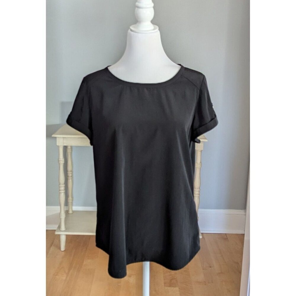 Chicos Basic Black Roll Tab Sleeve Polyester Top Size 1